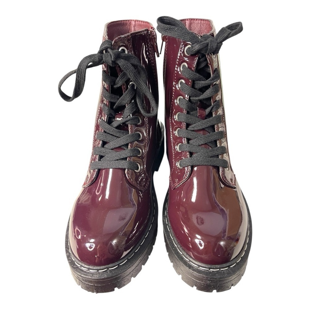 Sugar Patent Combat Boots – Burgundy, Size 6.5M